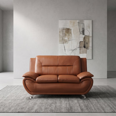 Modern Brown Faux Leather 2-Seater Loveseat Sofa – Ergonomic High-Density Foam Couch with Padded Armrests & Chrome Metal Legs for Living Room & Small Spaces
