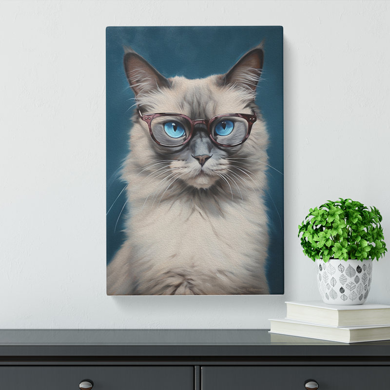 Ragdoll Cat with Glasses Painting - Wrapped Canvas, 60cm H x 40cm W x 3cm D