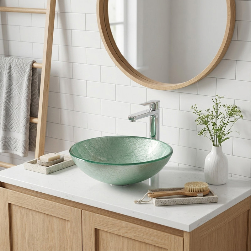 Vasque de salle de bain ronde en verre trempé texturé vert de 43 cm (17 po)