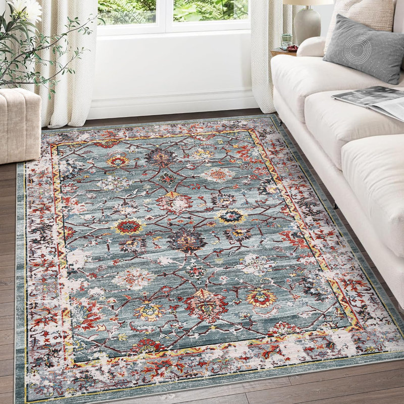 Area Rug Machine Washable Rug Distressed Carpet Stain Resistant Non-Slip Accent Rug Vintage Floral Living Room Rug Floor Cover for Dining Office Bedroom
