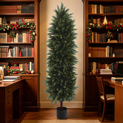 Cyprès artificiel de 1,80 m (6 pieds), faux topiaire, arbre à feuilles persistantes, plante de cyprès artificielle avec pot pour la décoration de porche, jardin et terrasse
