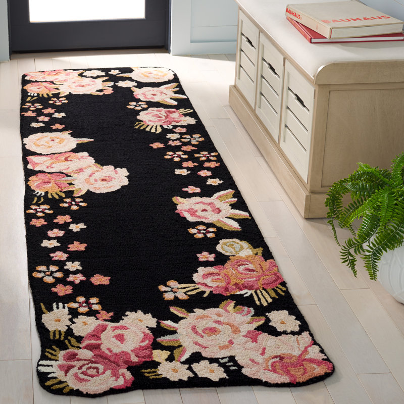 Tapis floral en laine touffeté à la main noir / rose Abren, Tapis de couloir 2 pi 3 po x 8 pi