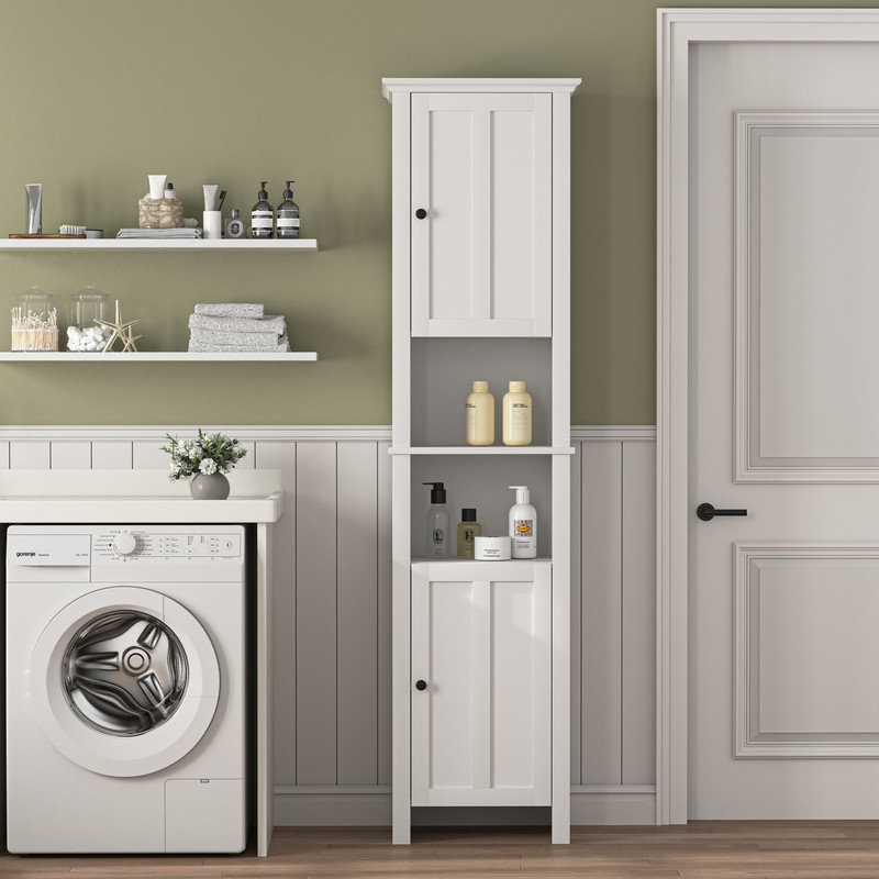 Tall White Wooden Living Room Storage Cabinet with Shelves