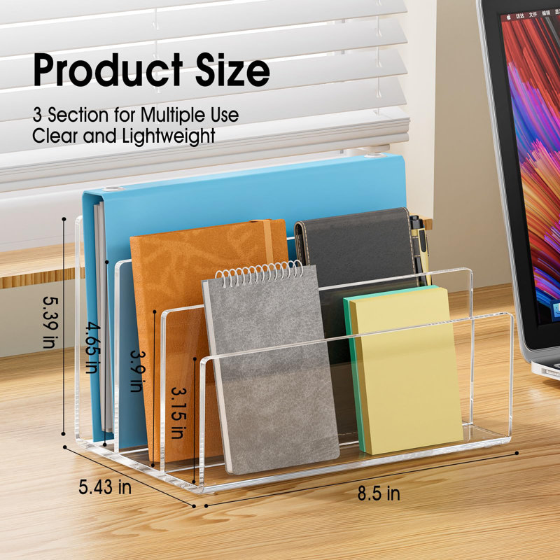 Transparent Desktop Organizer With Dividers, 3 Partition File Organizer File Sorter, Clear