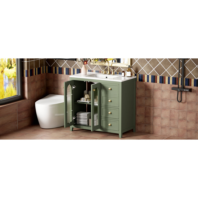 Meuble-lavabo de 36 pouces avec deux portes à fermeture douce, des tablettes réglables et trois tiroirs, Vert