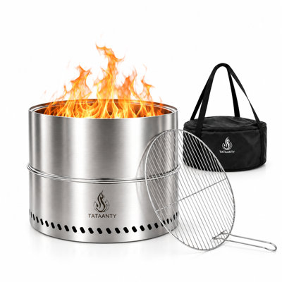 20" Smokeless Fire Pit with Grill Rack & Carry Bag, Stainless Steel Portable Wood Burning Fire Pit for Patio, Backyard, Camping & BBQ