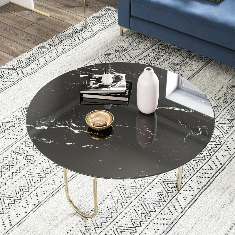 Plateau de table rond en verre trempé de 36 po avec motif en marbre, Noir, H 0,31 po x L 36 po x l 36 po