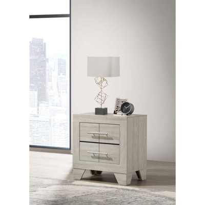 Table de chevet à 2 tiroirs Strout Rustic avec stratifié texturé et poignées en nickel poli, parfaite pour les chambres à coucher modernes