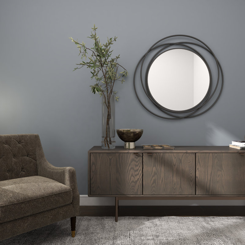 Metal Round Wall Mirror with Overlapping Circles, Grey