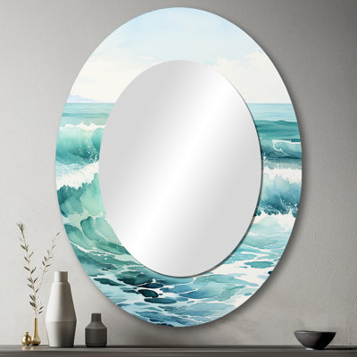 Green Minimalisme Tranquil Waters - Miroir décoratif ovale côtier sur métal