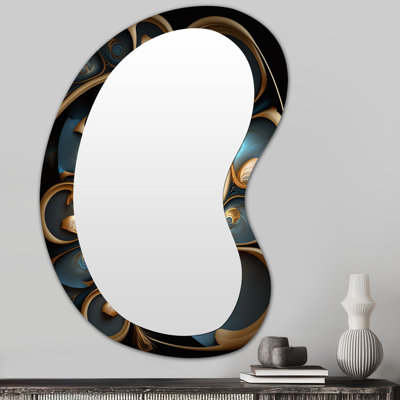 Fraydoun Fractal Flower In Retro Gold And Dark Teal V - Fractals Irregular Shape Decorative Mirror, Modern Asymmetrical Large Wall Mirror, Printed Metal Art