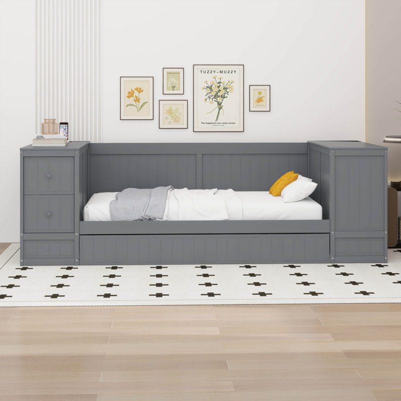 Lit de jour simple avec couchette et tiroirs, Gris