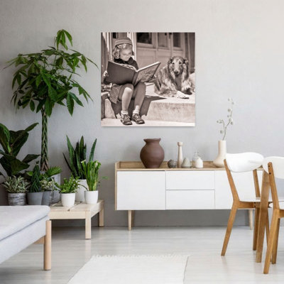 1930S Engrossed Little Girl Outdoor Reading Big Book Sitting Next To Rough Collie Dog Looking At Camera Classic Retro Vintage Dog Portrait Wall Art