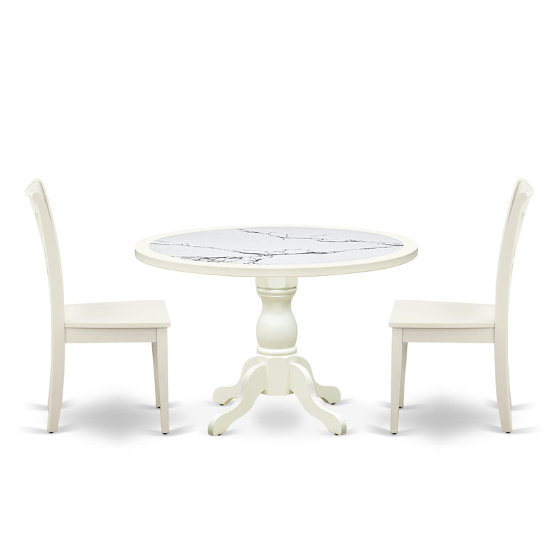3-Pc Dining Table Set Include a Dining Table with Veined Marble Pattern Tabletop and 2 Wooden Chairs, Linen white, White