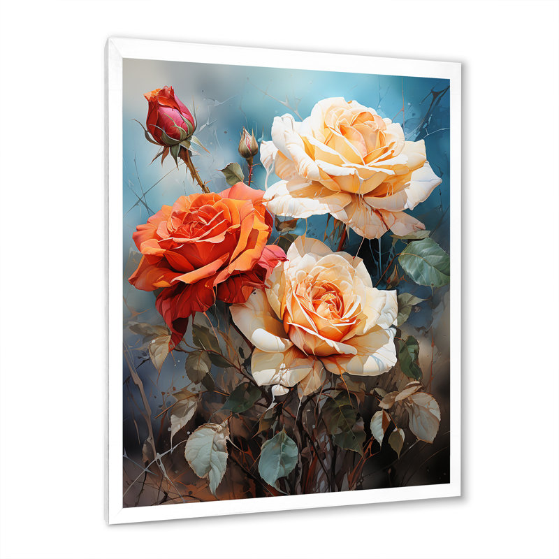 Décoration murale beige et orange rose - roses, art mural salon, Toile tendue, H 32 po x l 16 po