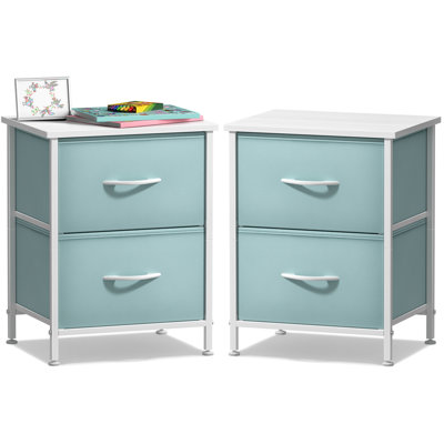Sorbus Nightstand with 2 Drawers - Steel Frame, Wood Top & Easy Pull Fabric Bins - (2 Pack), Aqua