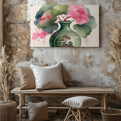 Wall Art Canvas Whimsical Vase And Bloom Minimalist Watercolor With Asian Landscape Motif Ready To Hang Gallery Wrapped Home Decor