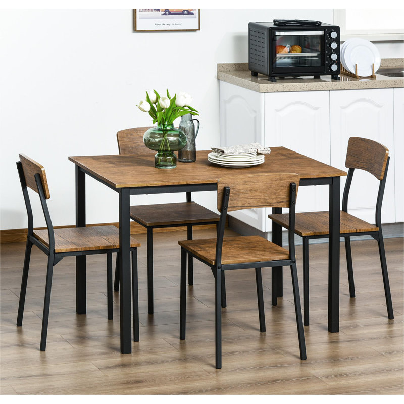 Industrial 5-Piece Dining Set with Dark Walnut MDF and Steel