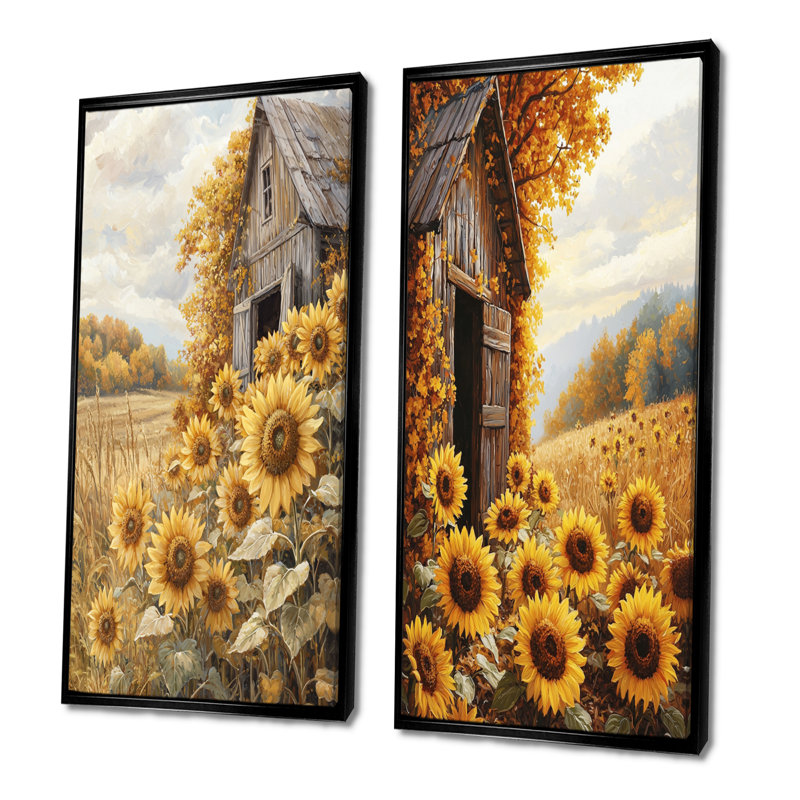 Tournesols et la collection Hayloft Barm I - Art mural floral, 2 panneaux, H 40 po x l 41 po, Cadre flottant noir