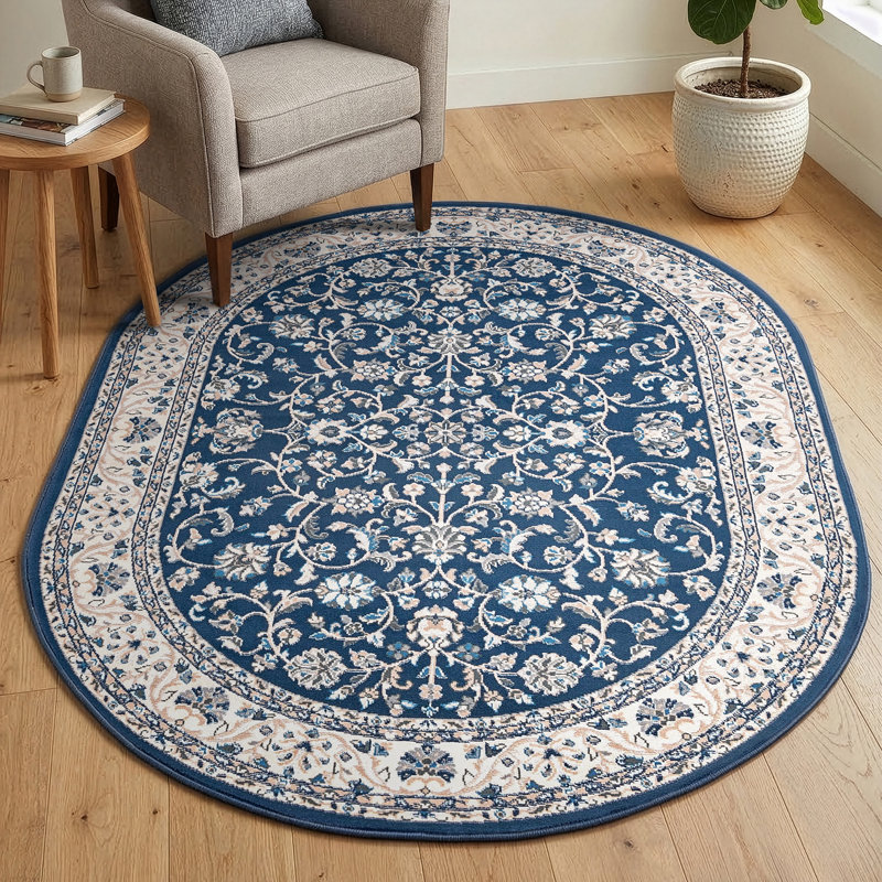Anmie Oriental Dark Blue/Cream Area Rug, Oval 5'3" x 7'3"
