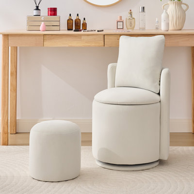 Small Upholstered Storage Accent Chair With Back Cushion and Ottoman, Velvet Fabric Comfy Barrel 360°Swivel Vanity Chair With Curved Backrest For Makeup Room