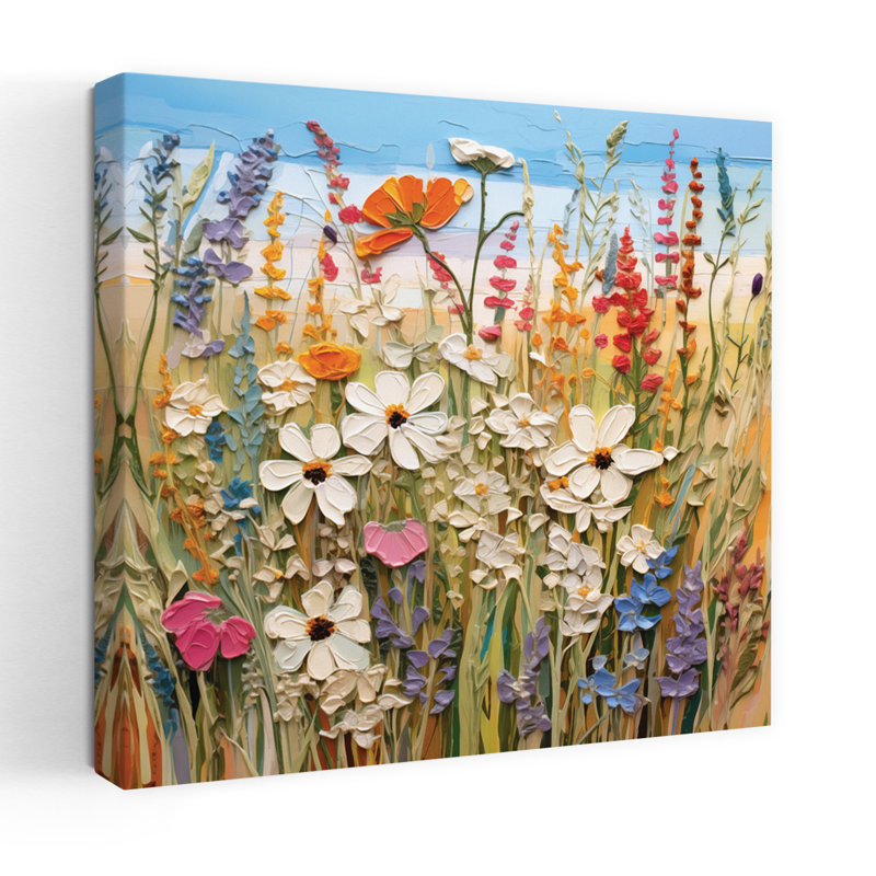 Art contemporain avec fleurs lumineuses et fleurs de prairie, H 18 po x l 18 po