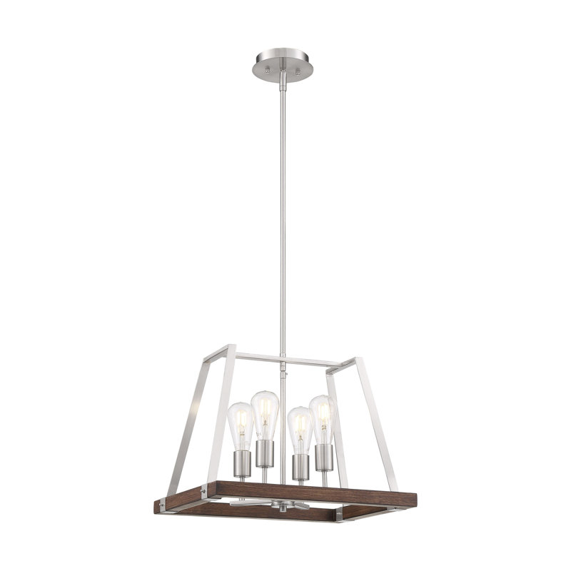 Luminaire suspendu carré simple à 4 lumières Bouck, Nickel brossé / Bois de muscade