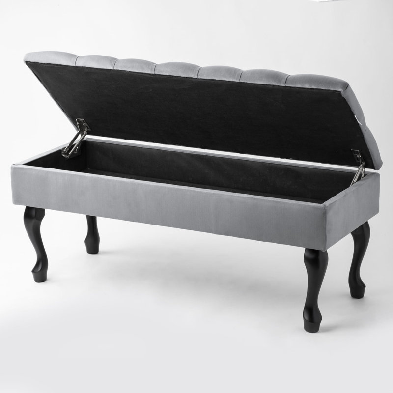 Velvet Upholstered Storage Bench, 44cm H x 100cm W x 30cm D, Grey/Black