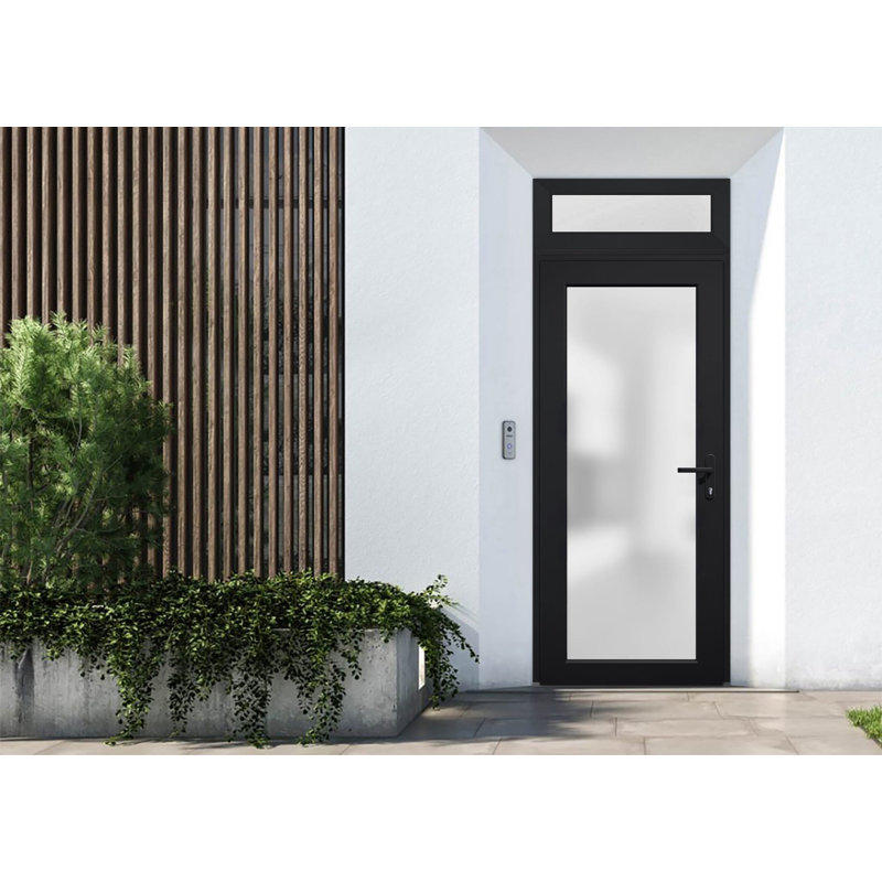 Porte d'entrée extérieure prémontée en fibre de verre, verre dépoli, Manux 8102, finition noire mate, fenêtre supérieure. Convient aux bureaux, aux commerces et aux habitations. Parfait pour l'entrée, les patios et les garages. Dimensions : L 91,4 cm x H 203,2 cm + 35,6 cm. Ouverture à gauche vers l'intérieur. Convient aux bureaux, aux commerces et aux habitations.