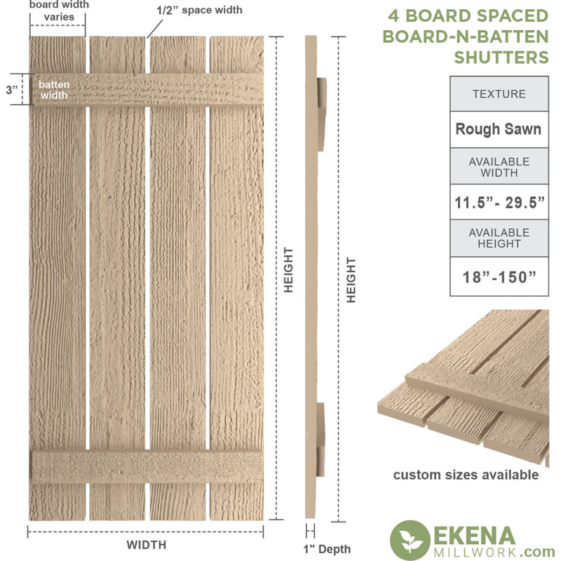Volets rustiques en faux bois à quatre planches espacées (par paire), Texture sciée brute / brun clair apprêté, 23"