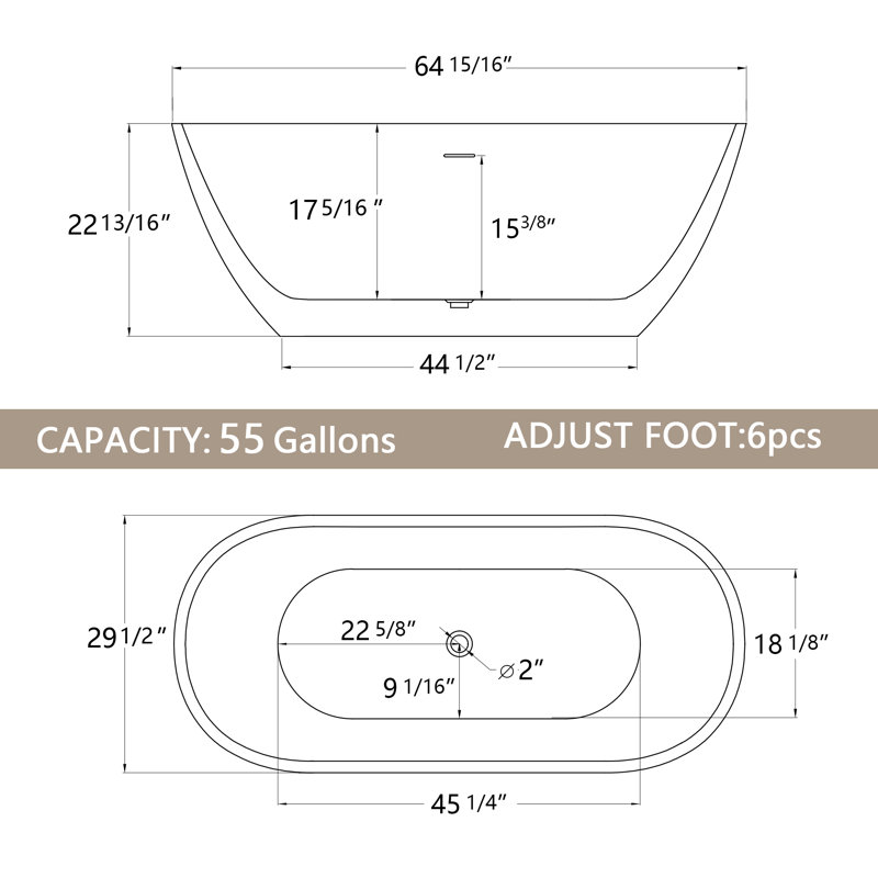 65 Inch Freestanding Soaking Acrylic Bathtub with Integrated Slotted Overflow and Chrome Anti-clogging Drain, Black/White