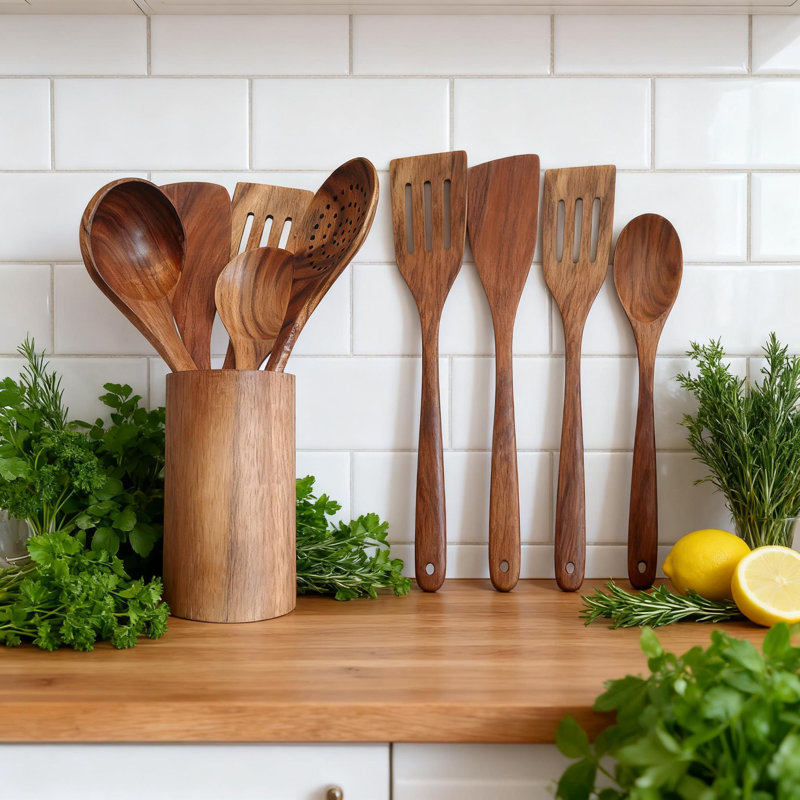 Ensemble d'ustensiles de cuisine en bois de teck 6 pièces pour la cuisson, cuillères en bois antiadhésives avec support