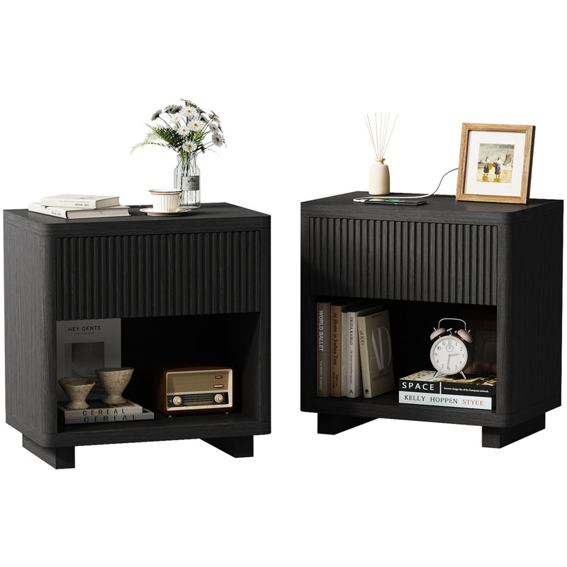 Adkins 24'' W 1 - Drawer Nightstand With Built-In Outlets (Set of 2), Set of 2, Black