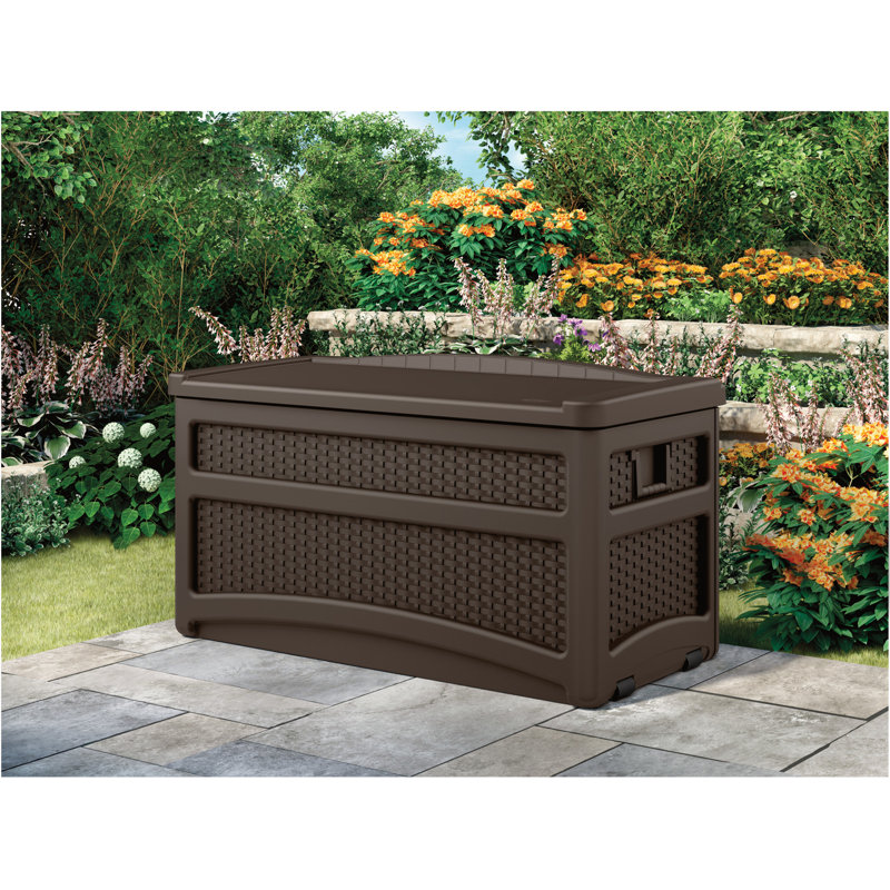 Suncast 46 in. W x 23.75 in. D Resin Wicker Deck Box with Wheels for Outdoor Storage, Made in the USA