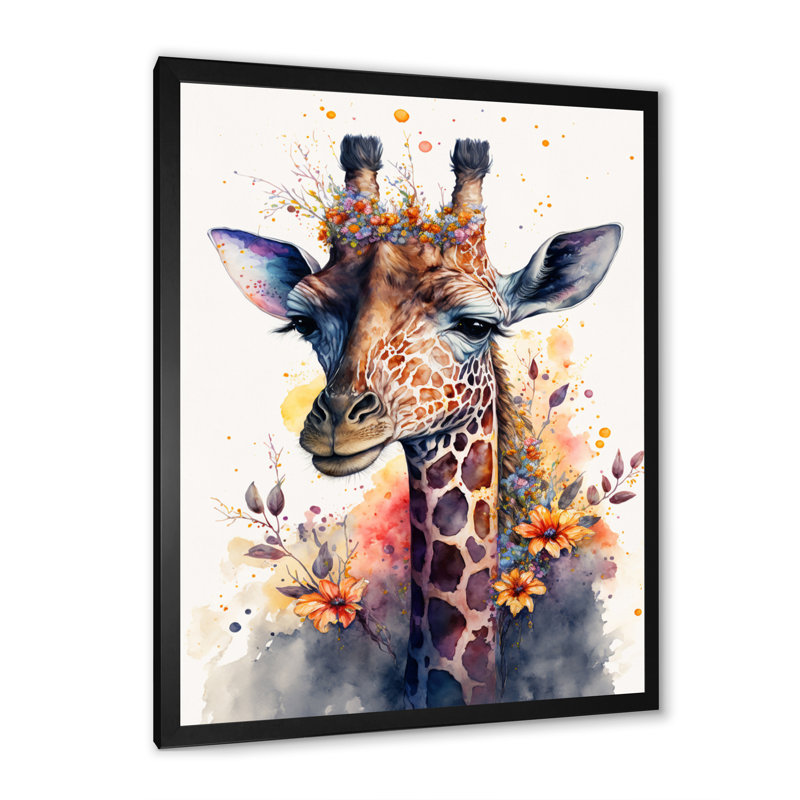 «Cute Giraffe Floral Art I», peinture sur toile, H 32 po x l 16 po x P 1 po, Impression noire sur toile encadrée