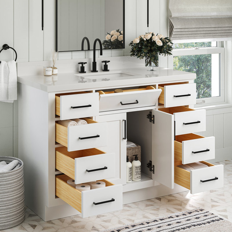 Ensemble de meuble-lavabo simple en bois massif 48 po avec lavabo en quartz blanc 1,5 po Tidworth, Forme rectangulaire, Blanc