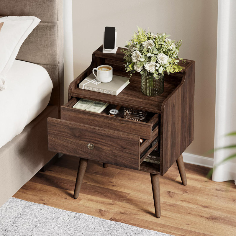 2 Drawer Nightstands With Hidden Drawers, Solid Wood Legs, Natural Walnut
