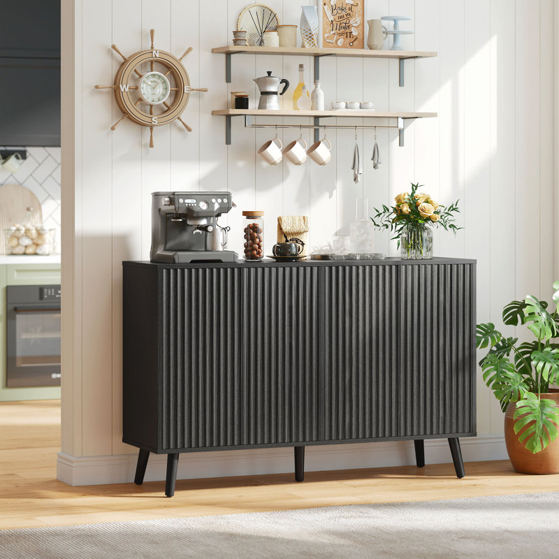 Buffet, armoire cannelée avec tablettes réglables, gris clair, Gris clair vieilli