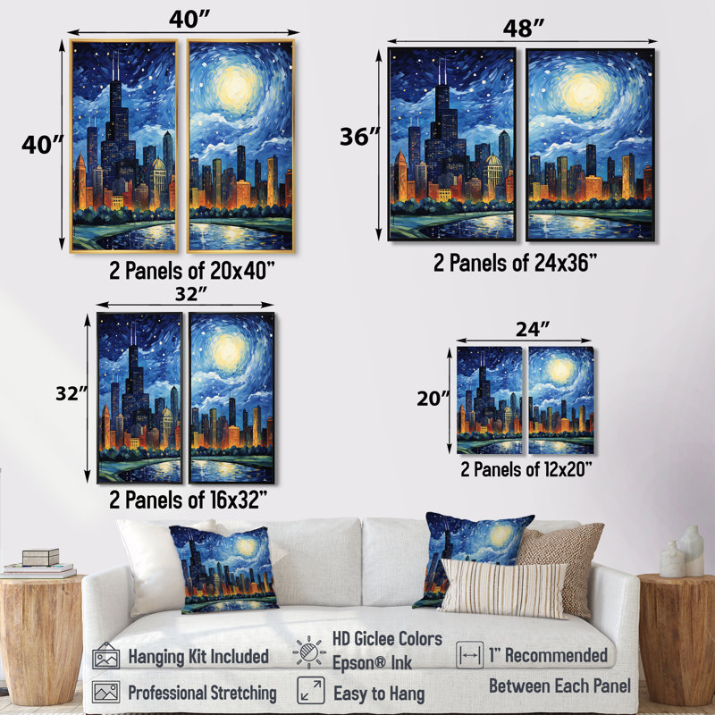 «Chicago The Starry Night», art mural sur toile Chicago, 36" H x 48" W, Wrapped Canvas, Does Not Apply