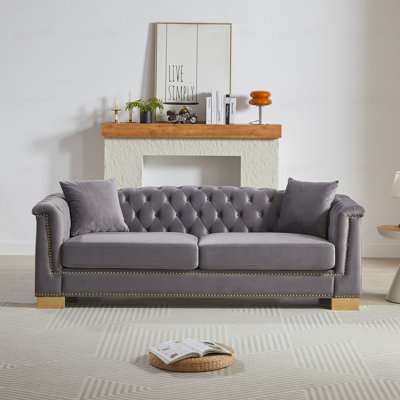 Classic Modern Sofa, 84-inch Chesterfield with Classic Rolled Arms and Tasseled Decorative Clouds in Velvet, Luxury Three-Seater Sofa Suitable for Living Rooms, Bedrooms