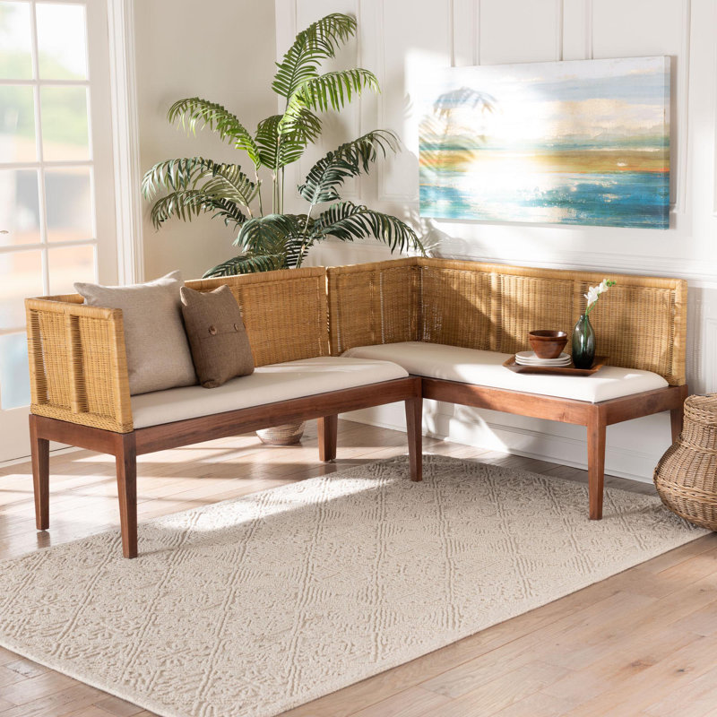 Bearnard Bali & Pari Tabanan Modern Bohemian Nautral Brown Rattan And Brown Acacia Wood 2-Piece Dining Nook Banquette Set