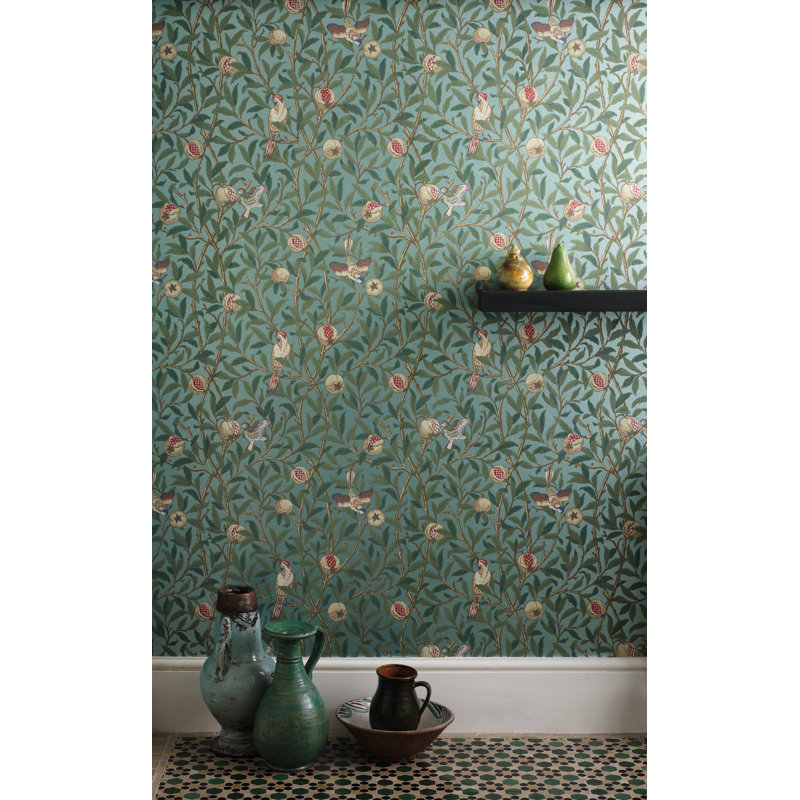 Bird & Pomegranate Wallpaper, Turquiose/Coral