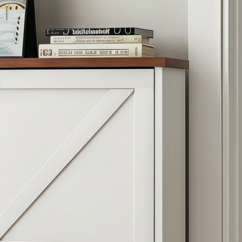 Armoire à chaussures blanche, étroite et de style campagnard avec deux tiroirs à couvercle rabattable et un design mince.