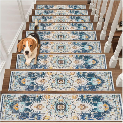 Non Slip Stair Treads Carpet Mat, 30In X 8In Indoor Stair Runners For Wooden Steps, Rubber Backing Edging Stair Rugs For Kids Elders And Pets(Blue,15PCS)