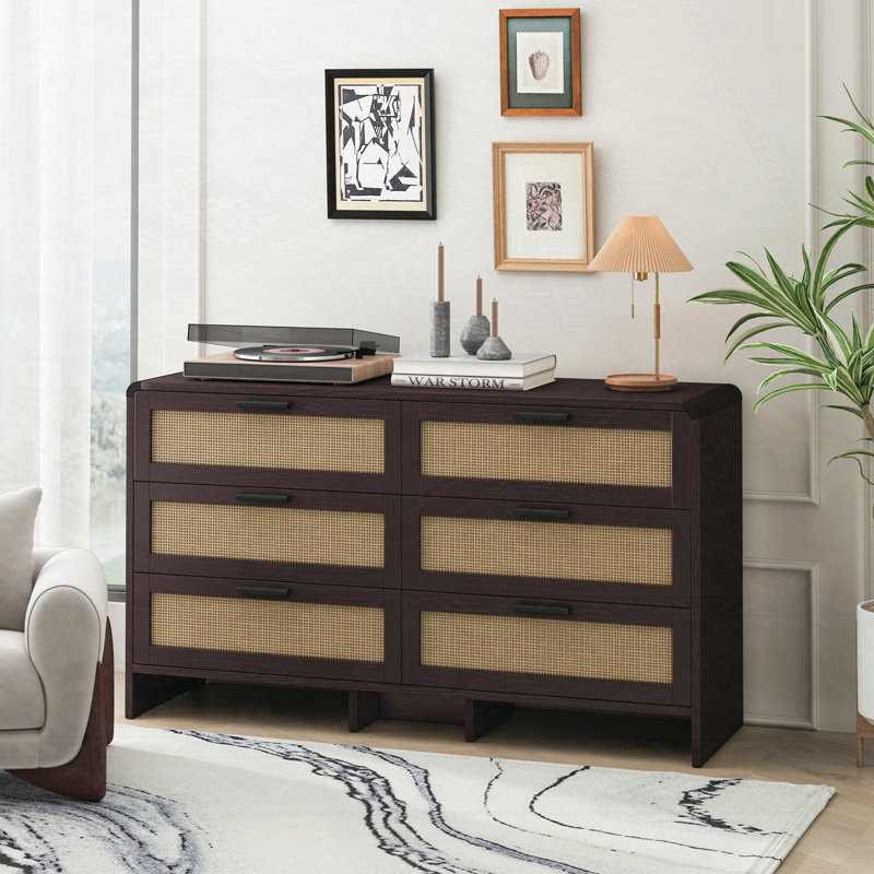 6-Drawers Rattan Storage Console Table, Reddish Brown
