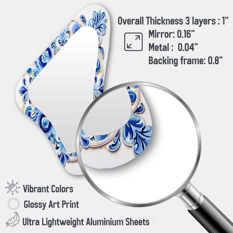 Floral Mosaic Tiles Azure Blue - Abstract Tile Modern Wall Mirror In Asymmetrical Shapes