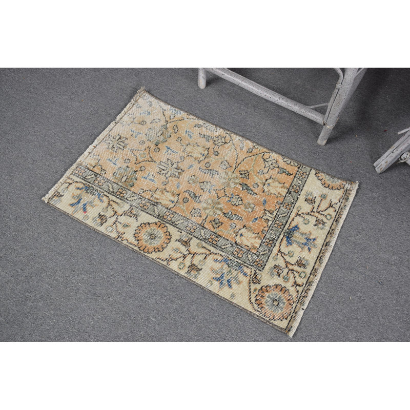 Vintage Turkish Small Rug: Antique Bedroom Decor with Orangish Floral Boho Design