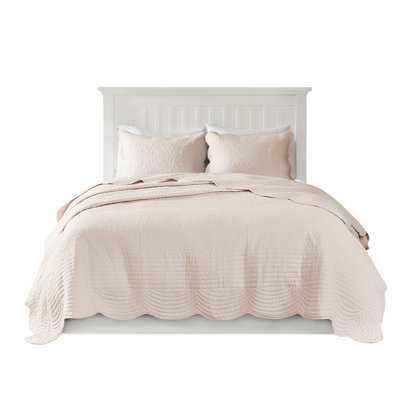 3 Piece Quilt - Blush, Reversible Scalloped Edge, Microfiber, 90% Cotton Filling, , Gorgeous Bedding Edge In Blush Reversible, Fill, Stylish