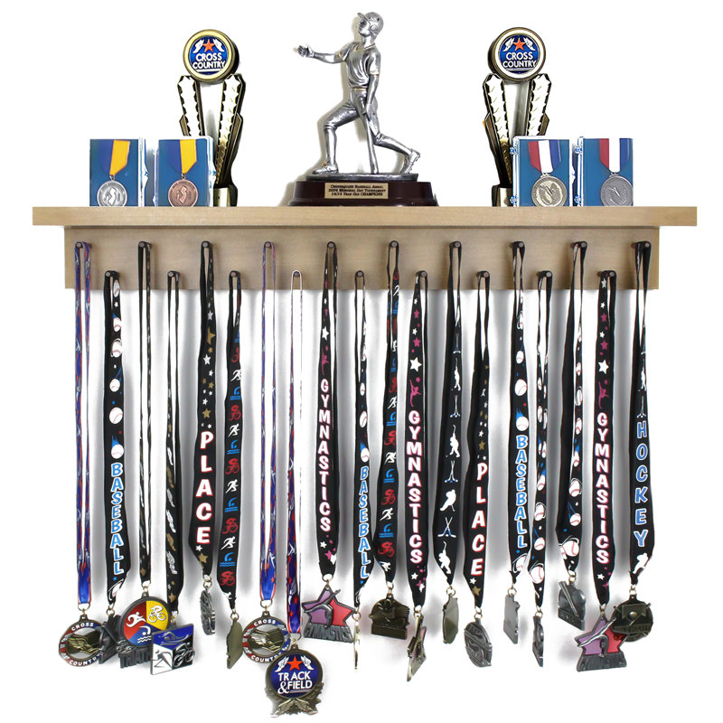 Chanyah -  2' Trophy Shelf and Medal Hanger Display, Walnut