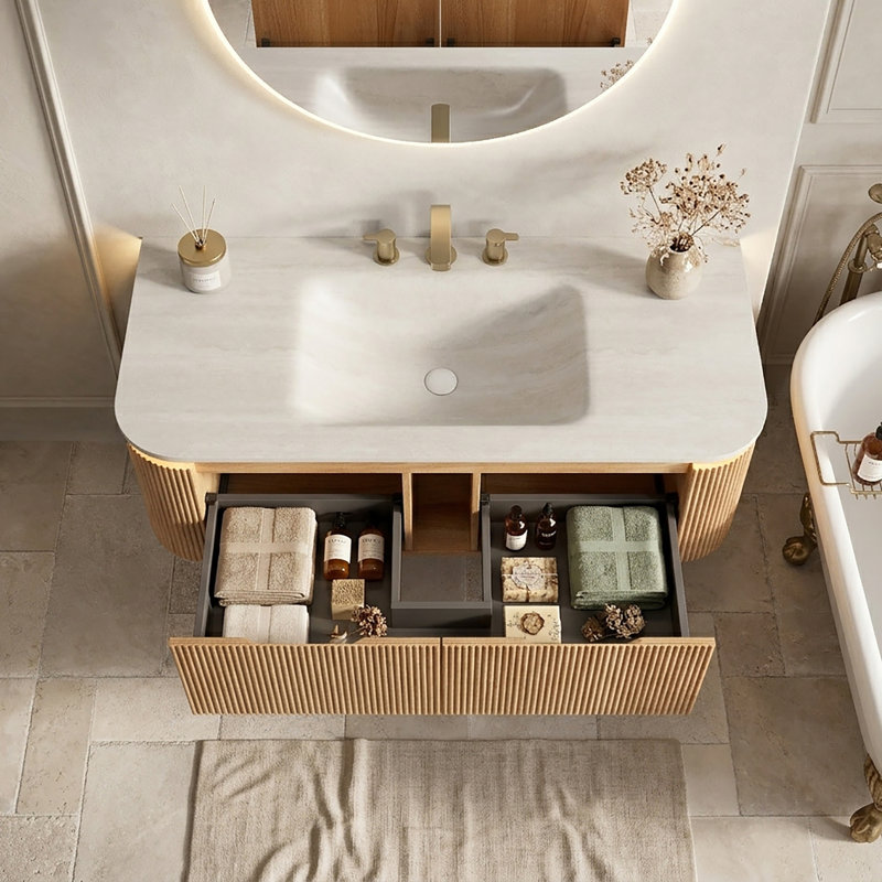 30" Wall Mounted Single Sink Bathroom Vanity with Engineered Marble Top, 48"